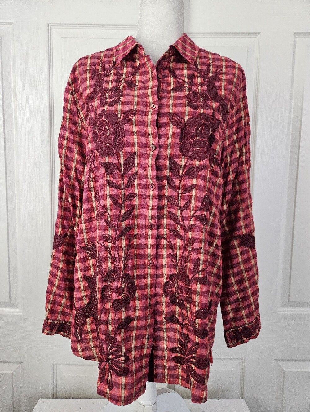 Johnny Was NWT Embroidered Plaid Top
